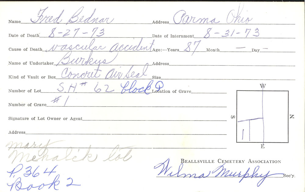 Fred Bednar  burial card